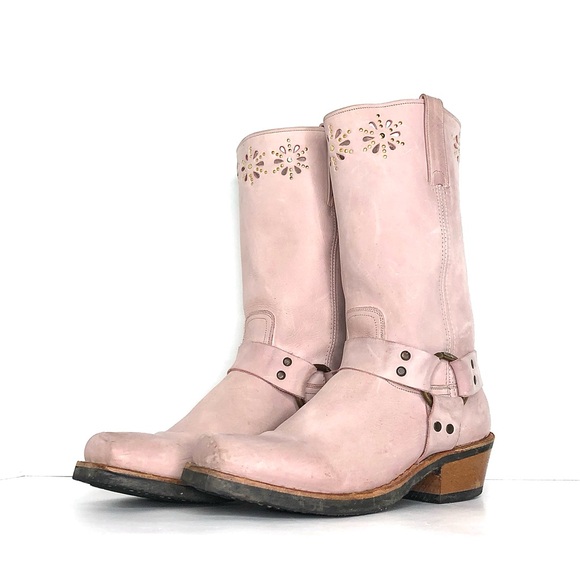 Frye Shoes - Frye 12R Harness Studded Flower Pink Moto Square Toe Boots Women’s 10 Shoes